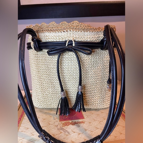 Brighton Straw Woven Shoulder Bag Purse Tote Black Leather Tassel Ruffle Trim